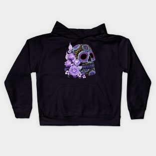 Purple Floral Black Sugar Skull Day Of The Dead Kids Hoodie